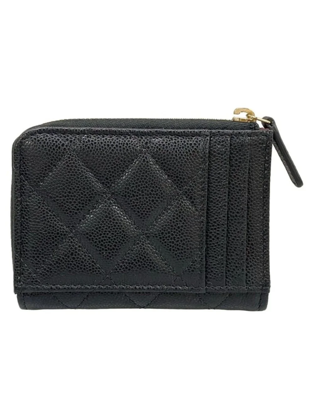 Chanel Coin Case Quilted Black L-shaped Zipper Champagne Gold